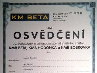 Osvědčení KM Beta, KMB Hodonka a KMB Bobrovka